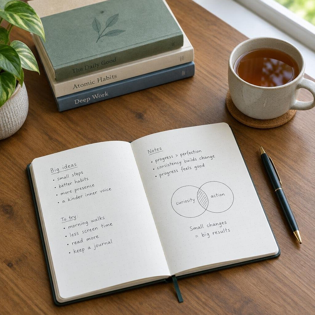 Person taking notes with books on leadership