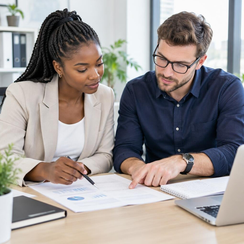 Two colleagues reviewing documents together