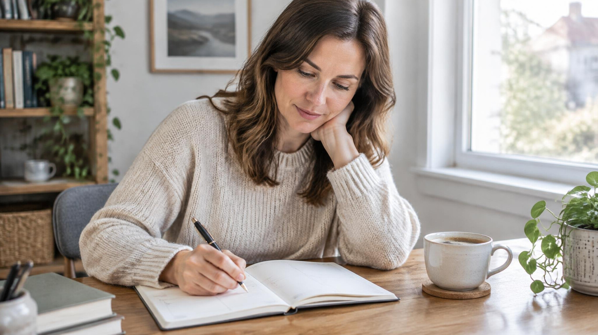 Woman writing career goals in a planner notebook